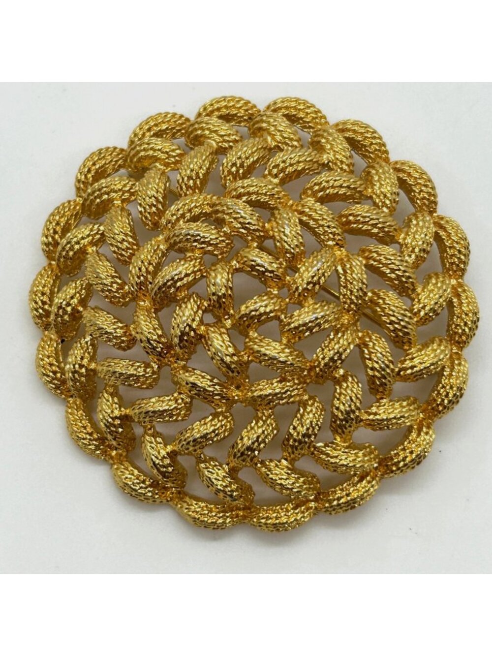 Vintage Monet Brooch Gold Tone Round Textured Braided Basketweave Pin Statement